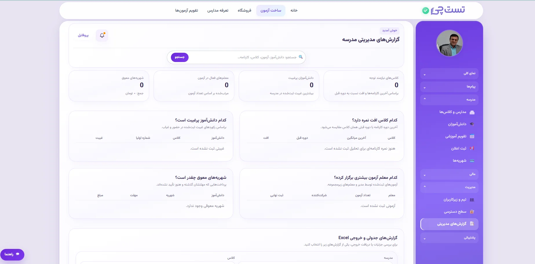 اسکرین‌شات پنل مدیر تست چی — مدیریت مدرسه و تیم آموزشی